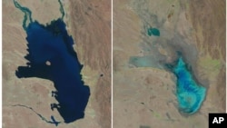 This photo combo of satellite images provided by the USGS shows Lake Poopo filled with water on Oct, 11, 1986, left, and almost dry in Bolivia, Jan. 16, 2016.