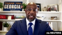 Democratic U.S. Senate candidate Rev. Raphael Warnock delivers a virtual victory speech on his campaign's Youtube account, January 6, 2021.