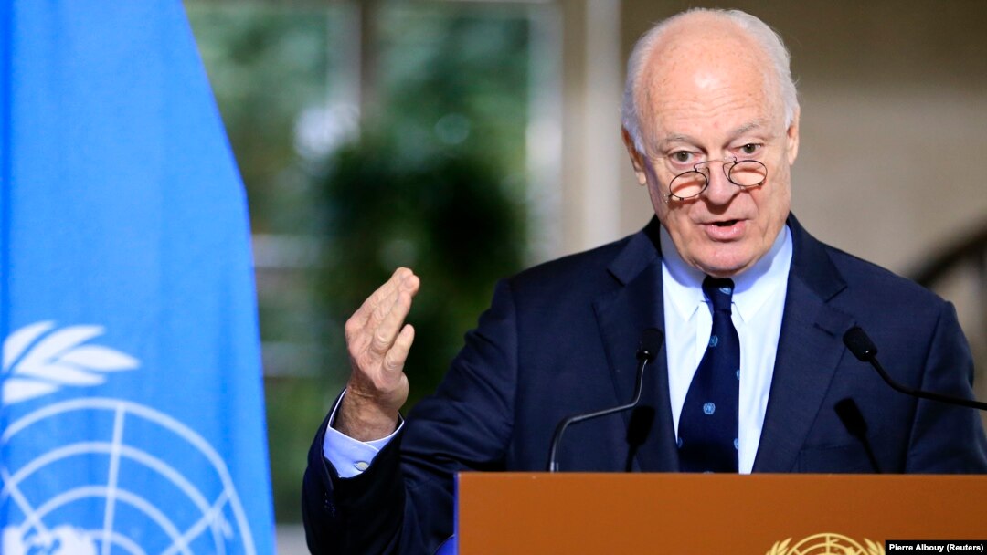 FILE - U.N. mediator for Syria Staffan de Mistura attends a news conference after a meeting at the United Nations in Geneva, Switzerland, Jan. 12, 2017. 