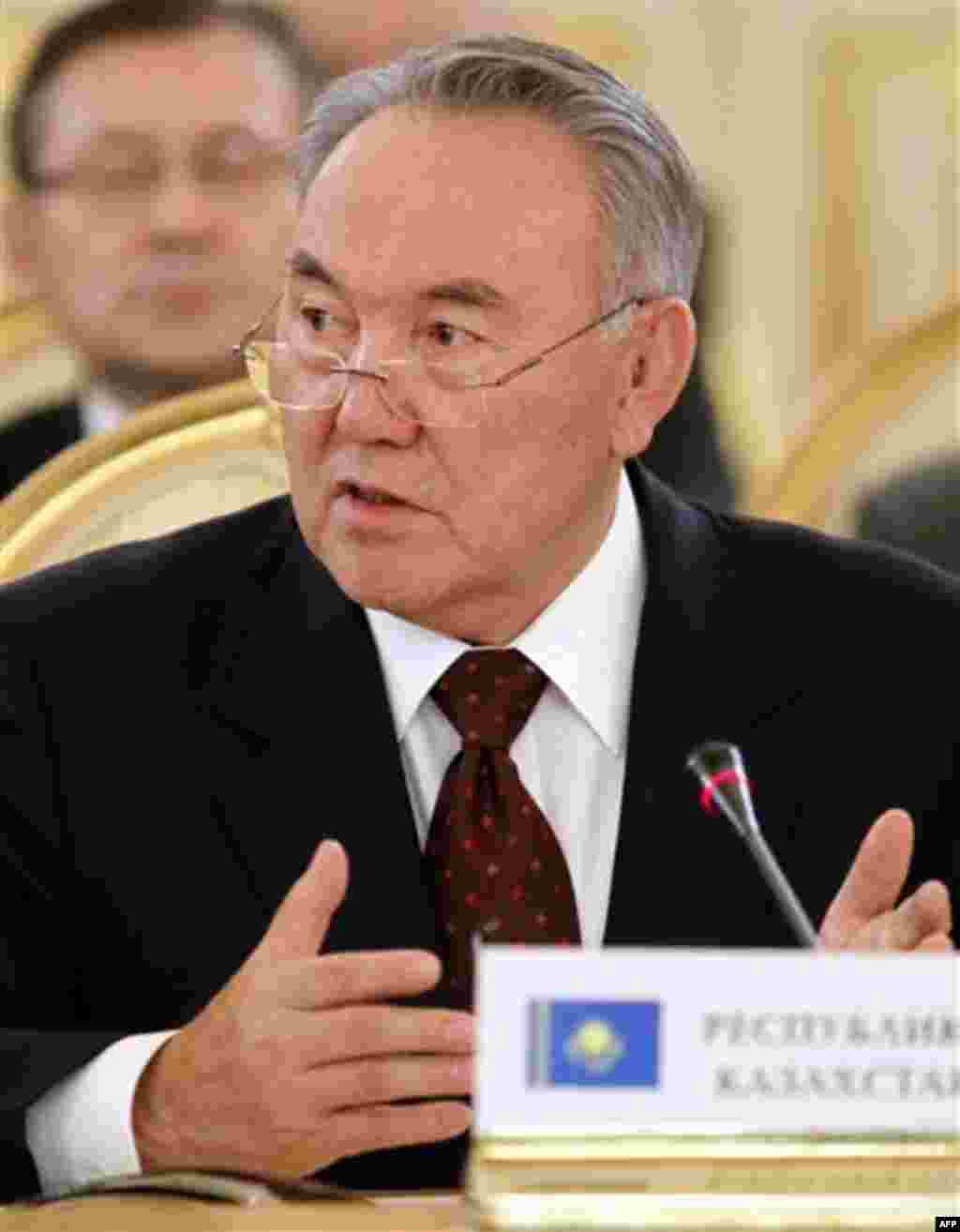 Kazakhstan's President Nursultan Nazarbayev speaks at a summit of the Collective Security Treaty Organization in the Kremlin in Moscow, Tuesday, Dec. 20, 2011. (AP Photo/Yuri Kochetkov, Pool)