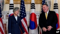 9일 마이크 폼페오 미 국무장관과 강경화 한국 외교장관이 워싱턴 국무부 청사에서 만났다.