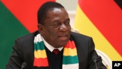 Zimbabwe's President Emmerson Mnangagwa speaks during a meeting with Belarus' President Alexander Lukashenko in Minsk, Belarus, Jan. 17, 2019. 