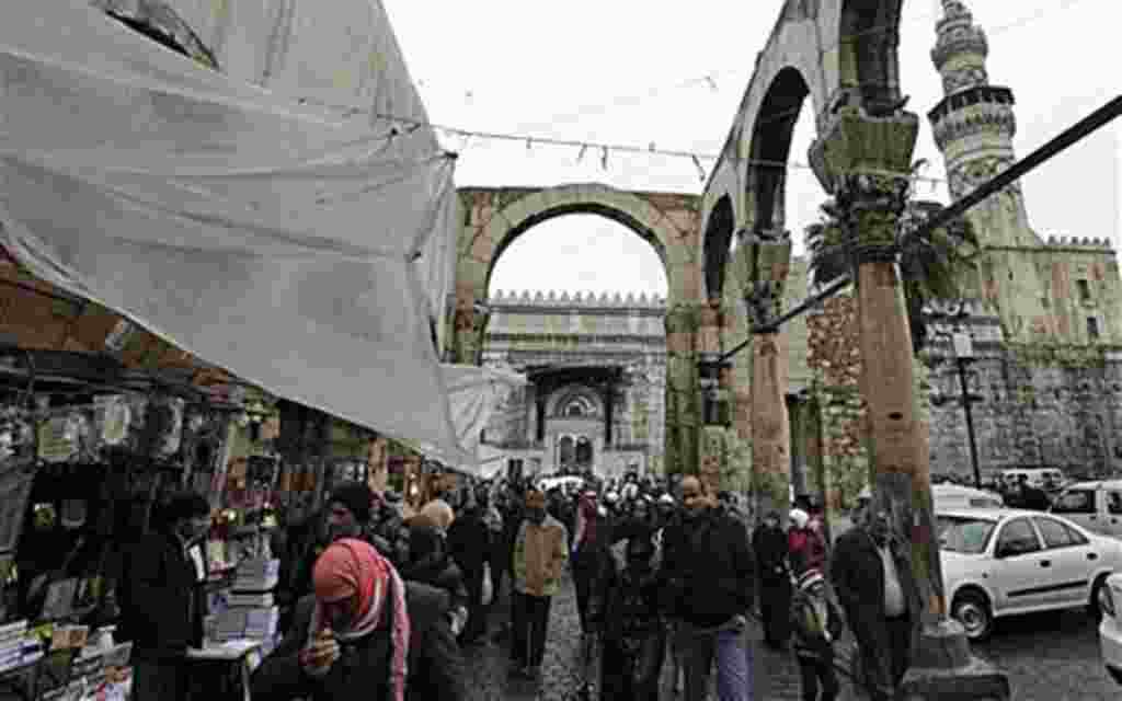 Worshipers leave the Omayyad Mosque in old Damascus, Syria. Campaigns on Facebook and Twitter have called for a "day of rage" in Damascus on Friday and Saturday, February 4, 2011