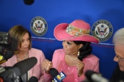 Congresswoman Frederica Wilson and House Speaker Nancy Pelosi talk to reporters after the round table discussion on Haiti in Miami, Fla, Oct. 3, 2019. (Photo: @RepWilson Twitter)