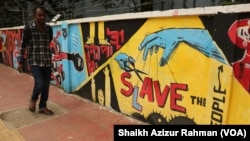 Graffiti is seen on a wall in Dhaka, drawn by students during the July to August protests. Much of the graffiti drawn during the early days of the protests were erased by the police before Sheikh Hasina was ousted on Aug. 5, 2024. 