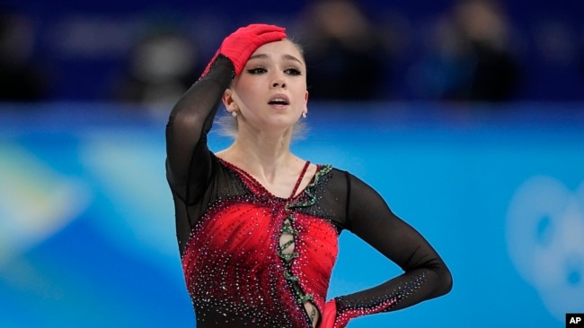 FILE - Kamila Valieva, of the Russian Olympic Committee, reacts in the women's team free skate program during the figure skating competition at the 2022 Winter Olympics, Feb. 7, 2022, in Beijing. Valieva has been disqualified from the 2022 Beijing Olympics.
