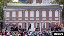 Independence Hall, a UNESCO World Heritage Site, was the backdrop for Pope Francis as he spoke in Philadelphia, Sept. 26, 2015.