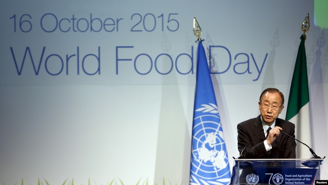 U.N. Secretary-General Ban Ki-moon speaks at the official celebration of "World Food Day 2015" at Expo Milan in Milan, Italy, Oct. 16, 2015.