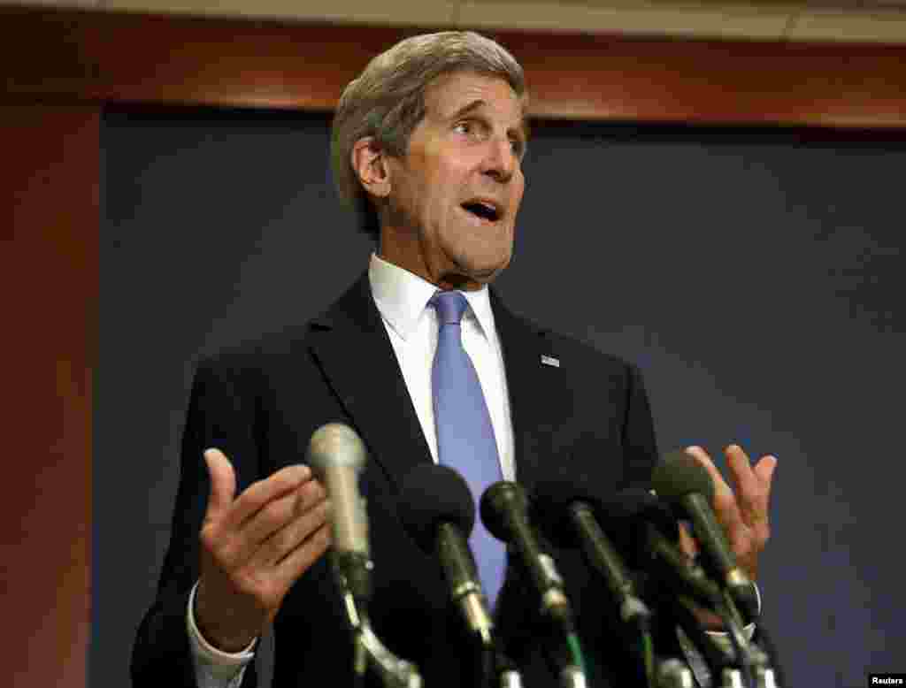 U.S. Secretary of State John Kerry makes a statement to the media before a closed door briefing with House members on the recent Iran nuclear deal in Washington July 22, 2015.