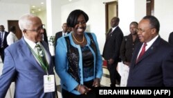 La ministre de l'Eau du Soudan du Sud, Jemma Nunu Kumba (au centre), avec son homologue éthiopien Alemayehu Tegenu (à g.) et son homologue tanzanien Jumanne Maghembe, alors qu'ils participent à un forum sur le Nil le 19 juin 2014 à Khartoum.