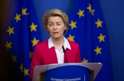 FILE - European Commission President Ursula von der Leyen speaks during a media conference after an extraordinary meeting of the EU college of commissioners at EU headquarters in Brussels, Jan. 8, 2020.