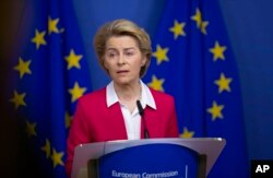 FILE - European Commission President Ursula von der Leyen speaks during a media conference after an extraordinary meeting of the EU college of commissioners at EU headquarters in Brussels, Jan. 8, 2020.