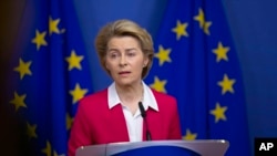 European Commission President Ursula von der Leyen speaks during a media conference after an extraordinary meeting of the EU college of commissioners at EU headquarters in Brussels, Jan. 8, 2020. 