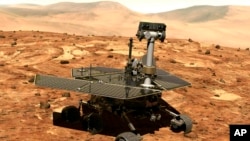 ILE - This illustration made available by NASA shows the rover Opportunity on the surface of Mars. The exploratory vehicle landed on Jan. 24, 2004, and logged more than 28 miles (45 kilometers) before falling silent during a global dust storm in June 2018