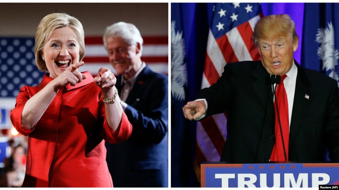 Kandidat capres dari Partai Demokrat Hillary Clinton, kiri, memenangkan pemilihan pendahuluan di Nevada, sementara kandidat capres dari Partai Republik Donald Trump menang di South Carolina, 20 Februari 2016.