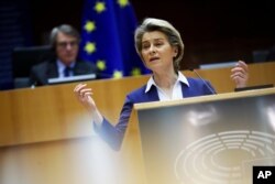 European Commission President Ursula Von Der Leyen addresses European lawmakers during a plenary session on the inauguration of the new U.S. president and the current political situation, at the European Parliament in Brussels, Jan. 20, 20