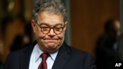 FILE - In this July 12, 2017, photo, Senate Judiciary Committee member Sen. Al Franken, D-Minn., arrives on Capitol Hill in Washington. 