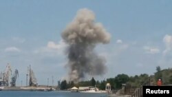 A view of an explosion in Berdyansk