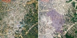 This combination of Nov. 12, 2020, left, and March 23, 2021, satellite images provided by Planet Labs Inc shows Balukhali refugee camp before/after a fire, in Cox's Bazar, Bangladesh, March 23, 2021.