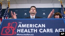 House Speaker Paul Ryan of Wisconsin, accompanied by Rep. Cathy McMorris Rodgers, R-Wash., right, speaks at a news conference following a GOP party conference at the Capitol in Washington, March 15, 2017.