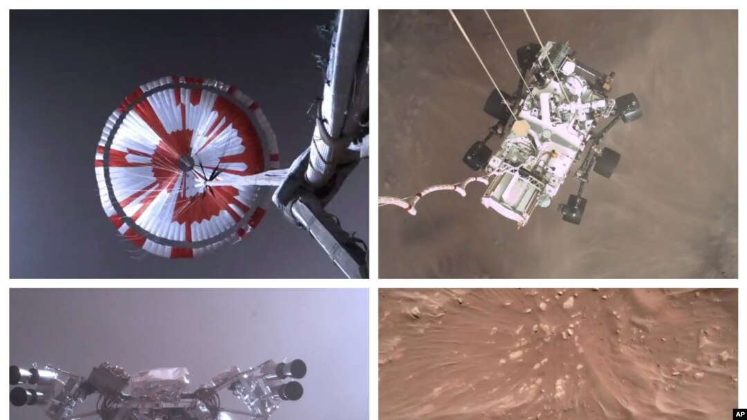 This combination of images from video made available by NASA shows steps in the descent of the Mars Perseverance rover as it approaches the surface of the planet on Feb. 18, 2021.