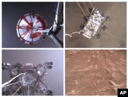 This combination of images from video made available by NASA shows steps in the descent of the Mars Perseverance rover as it approaches the surface of the planet on Feb. 18, 2021.