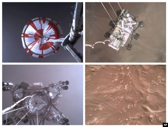 This combination of images from video made available by NASA shows steps in the descent of the Mars Perseverance rover as it approaches the surface of the planet on Feb. 18, 2021.