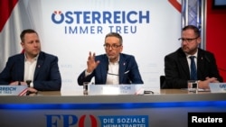 Head of Austria's far-right Freedom Party Herbert Kickl gives a press statement after ending coalition talks with People’s Party in Vienna, Austria, Feb. 12, 2025. 