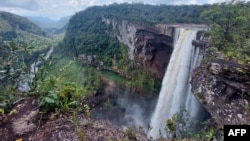 View of Kaieteur, the world's largest single drop waterfall, located in the Potaro-Siparuni region of Guyana, on April 12, 2023. The falls are part of Essequibo, an oil-rich disputed area that is administered by Guyana but that Venezuelans claimed as theirs in a referendum.