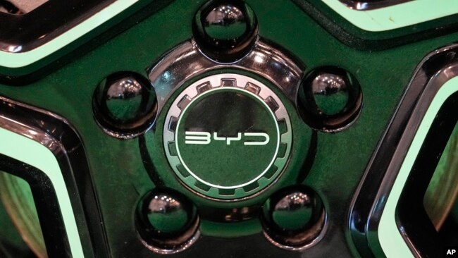 FILE - The wheels of an electric car of Chinese car maker BYD Company on display at the Essen Motor Show in Essen, Germany, on Dec. 1, 2023.