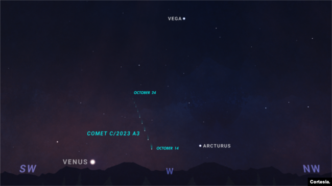 Mapa del cielo que muestra la ubicación del cometa C/2023 A3 entre el 14 y el 24 de octubre, después de la puesta del sol. El cometa asciende cada vez más alto cada noche, pero también se vuelve más débil. [Ilustración cortesía NASA].