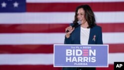 Democratic vice presidential candidate Sen. Kamala Harris, D-Calif., speaks to supporters at a campaign event in Orlando, Fla., Oct. 19, 2020. (AP) 