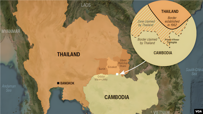引起柬埔寨和泰国冲突的柏威夏寺的地理位置示意图