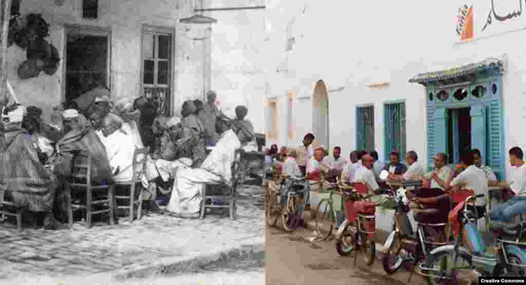 Tunisian cafes (L) Médina de Tunis café Rue Halfaouine, c. 1900, Creative Commons (R) Tunisiens à une terrasse de café à Kairouan (Tunisie) Creative Commons/Tico.