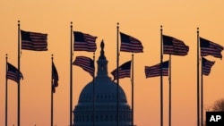 American flags blow in wind around the Washington Monument, with the U.S. Capitol in the background at sunrise Jan. 20, 2020, in Washington.