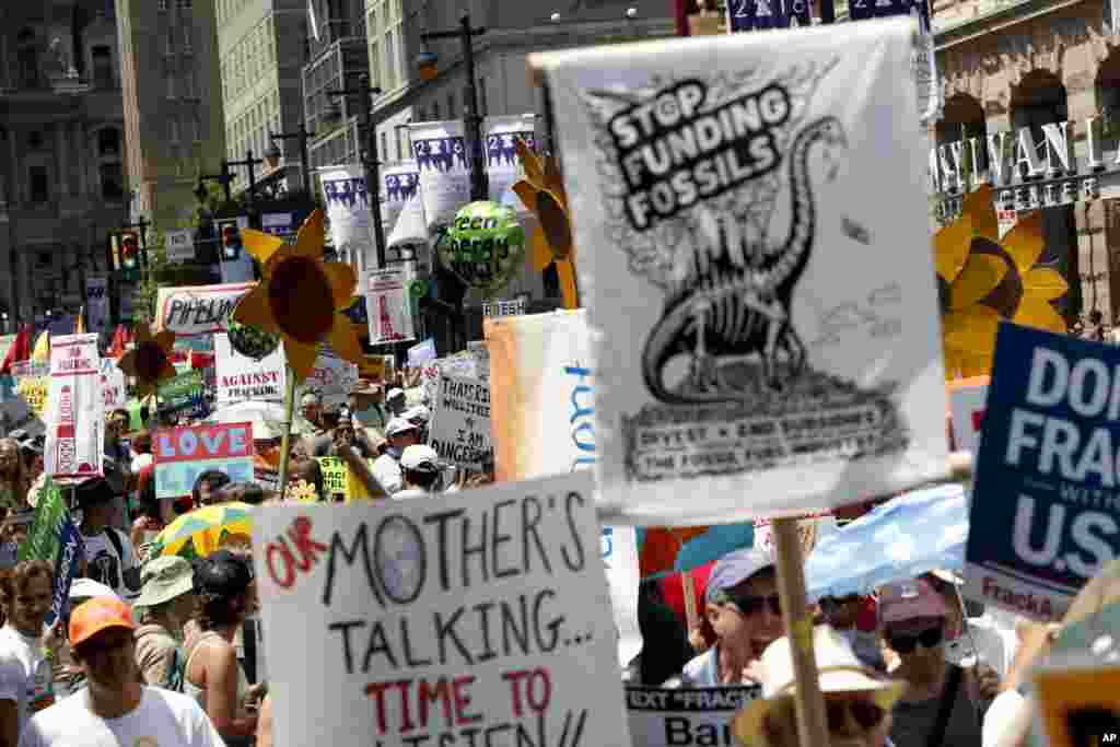 Protesters march during a demonstration in downtown Philadelphia, July 24, 2016.