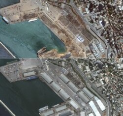 This combination of pictures created on Aug. 5, 2020, shows handout satellite images obtained courtesy of Maxar Technologies of the port after the explosion in Beirut, top, and before the explosion on June 2, 2020.