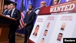 Acting US Attorney General Todd Blanche, alongside FBI Director Kash Patel, Drug Enforcement Administration Administrator Terrance C. "Terry" Cole and other officials, announces new actions against the Jalisco New Generation Cartel (CJNG). 
