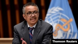 FILE - World Health Organization Director-General Tedros Adhanom Ghebreyesus attends a news conference in Geneva.