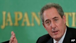 FILE - U.S. Trade Representative Michael Froman speaks during a press conference at the Japan National Press Club in Tokyo, Aug. 19, 2013. 