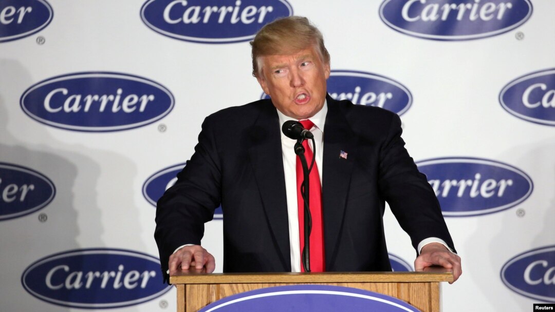 FILE - President-Elect Donald Trump speaks at event at Carrier HVAC plant in Indianapolis, Indiana, Dec. 1, 2016. 
