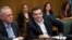 Greek Prime Minister Alexis Tsipras, right and ministers of his government attend a cabinet meeting in the parliament in Athens, Jan. 28, 2019. 