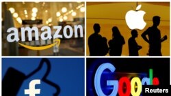 La imagen combinada muestra los logotipos de Amazon, Apple, Facebook y Google. Las compañías de tecnología llegaron a los titulares de noticias en días recientes tras tomar acciones para hacer cumplir sus políticas de publicación. [Foto: Reuters] 