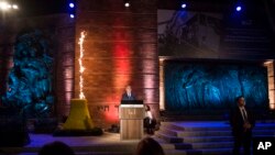 Israeli Prime Minister Benjamin Netanyahu speaks during the Holocaust Remembrance Day ceremony at the Yad Vashem Holocaust memorial in Jerusalem, Wednesday, April 11, 2018. 
