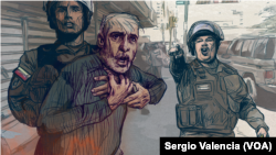 Ilustración realizada por la Voz de América sobre la detención de un activista de la oposición por parte de fuerzas del Estado venezolano.