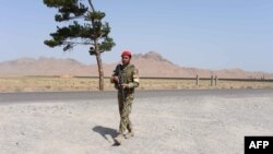 An Afghan National Army soldier walks on the outskirts of Herat on June 29, 2015.