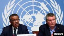 Director-General of the World Health Organization (WHO) Tedros Adhanom Ghebreyesus speaks next to Michael J. Ryan, Executive Director of the WHO Health Emergencies Programme, during a news conference on the situation of the coronavirus at the United…