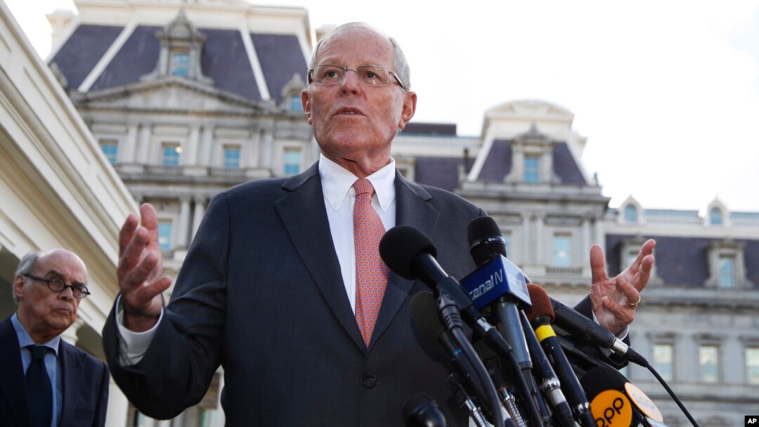 FILE - Peruvian President Pedro Pablo Kuczynski speaks to reporters in Washington, Feb. 24, 2017. 