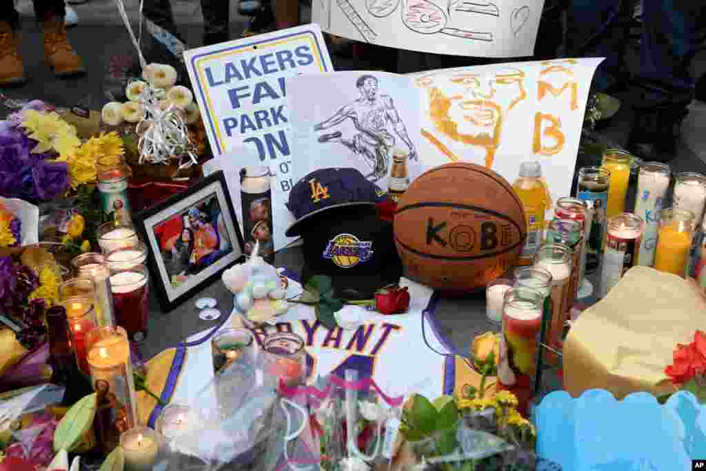 A memorial near Staples Center after the death of Laker legend Kobe Bryant, Jan. 26, 2020, in Los Angeles.