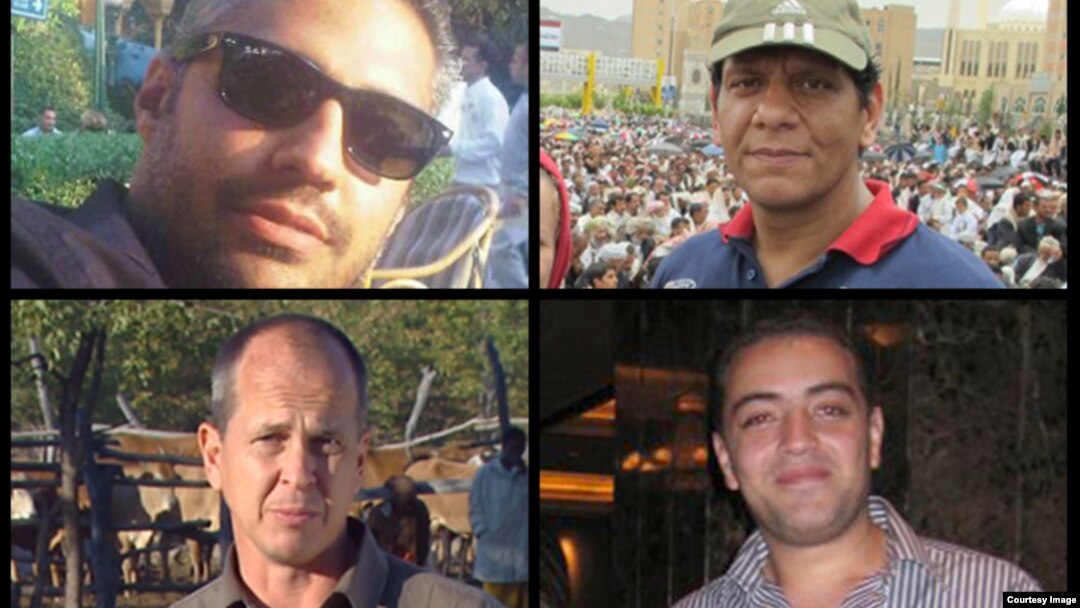 Al Jazeera reports that its journalists--(clockwise from bottom left) Peter Greste, Mohamed Fahmy, Baher Mohamed and Mohamed Fawzy--are being held after being arrested by Egyptian security forces on Sunday, Dec. 29. (Al Jazeera)